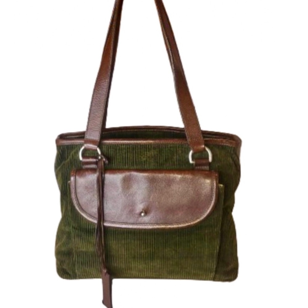 VTG RALPH LAUREN Olive Green Corduroy and Brown Leather Rare Shoulder Bag MINT